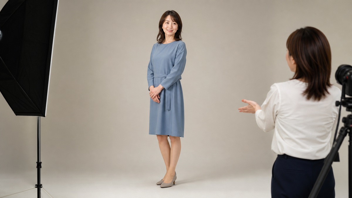 婚活写真の全身撮影でストッキングとパンプスを合わせてポーズを取る成人女性