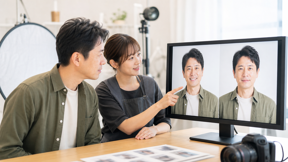 婚活写真の歯を見せる笑顔と閉じた笑顔を撮影後に比較する様子