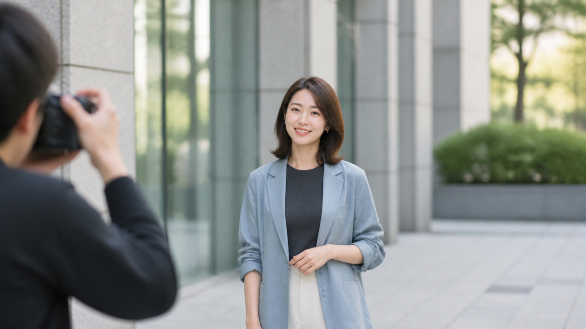 集合写真の代わりに屋外で一人のプロフィール写真を撮る女性