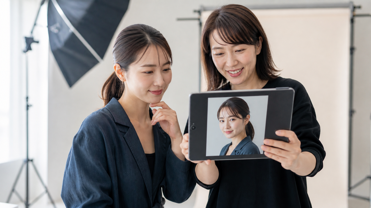 パネル写真のテスト画像をタブレットで確認する女性と撮影スタッフ