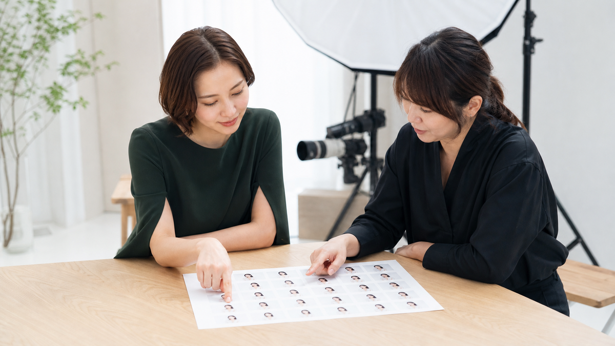 パネル写真の小さな掲載サイズで目元の見え方を確認する撮影相談