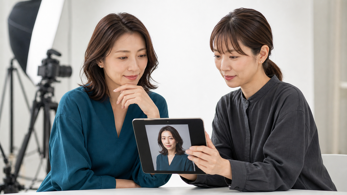 パネル写真のテスト画像を小さい表示で確認する女性とスタジオスタッフ