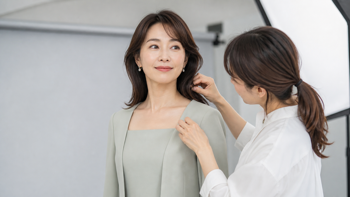 パネル撮影の衣装を着て襟元とデコルテの肌色を確認する女性とスタイリスト