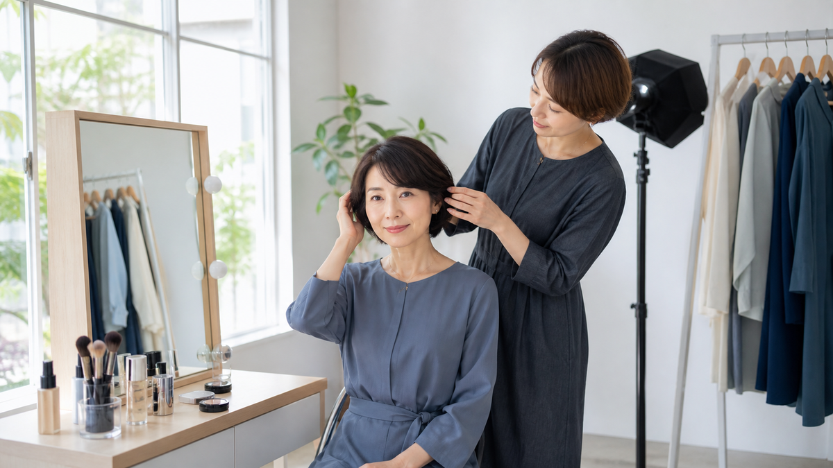 平日の婚活写真撮影に向けて静かなスタジオで髪を整える女性