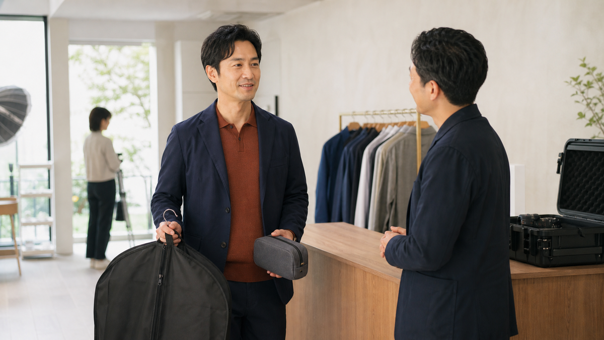 土日の婚活写真撮影へ衣装と身だしなみ用品を準備して来店する男性