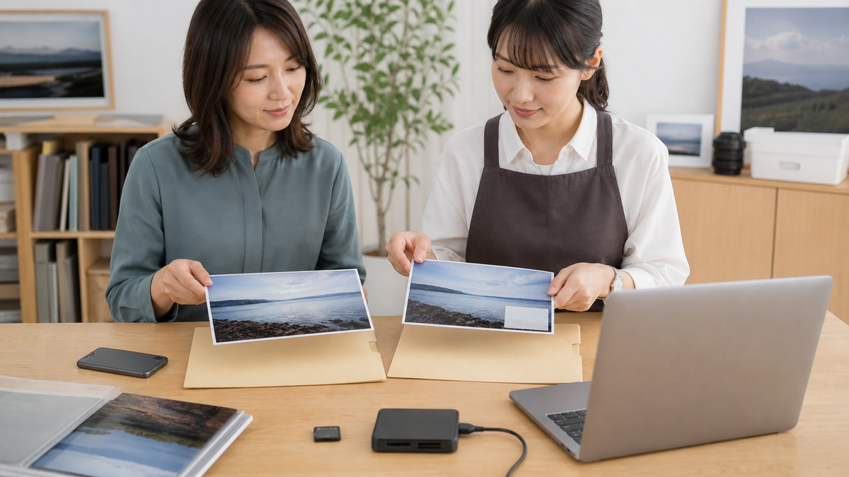 写メ日記写真の元画像と文字入れ加工版を分けて保存する女性とスタッフ