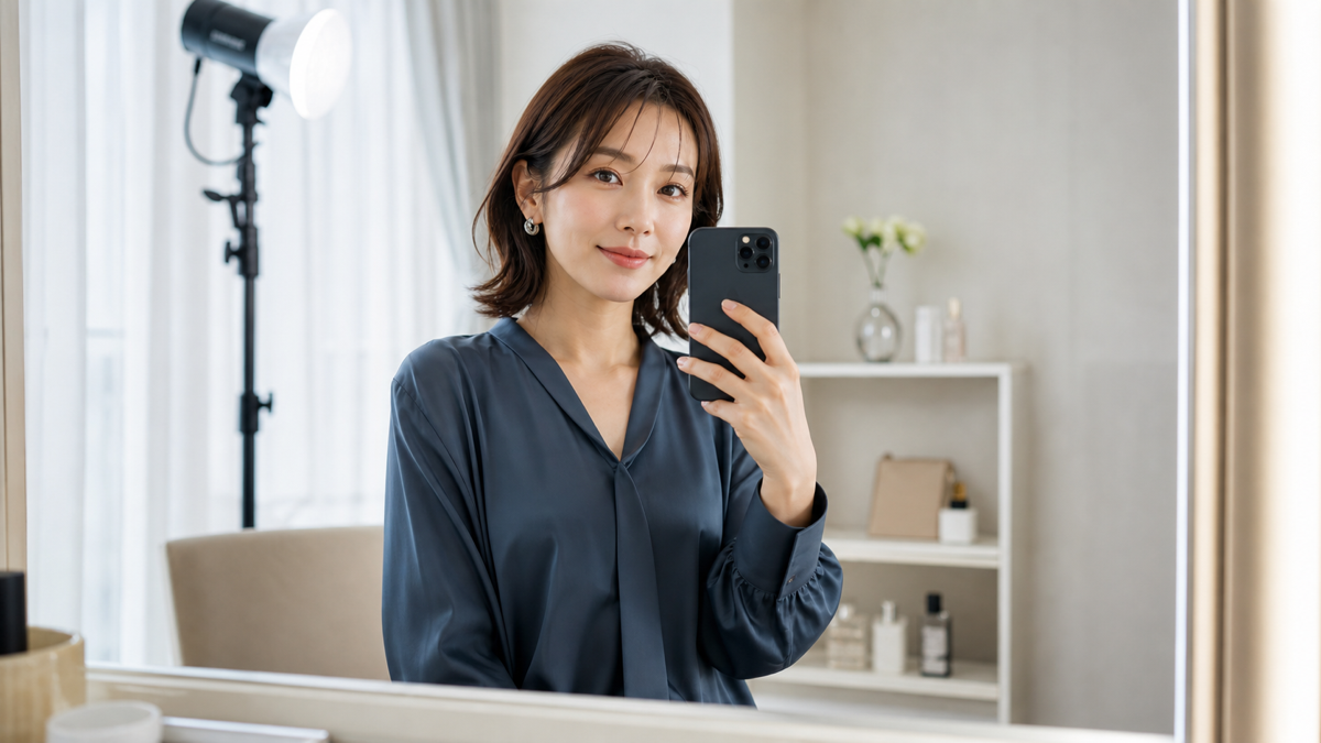写メ日記用の鏡越しショットでスマホを顔の横に置く女性