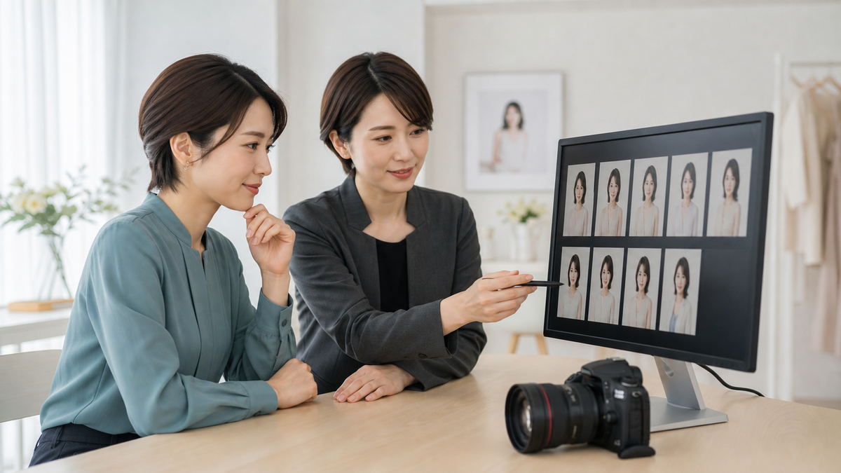 結婚相談所へ出す婚活写真のデータ形式と納品写真をスタジオで確認する女性