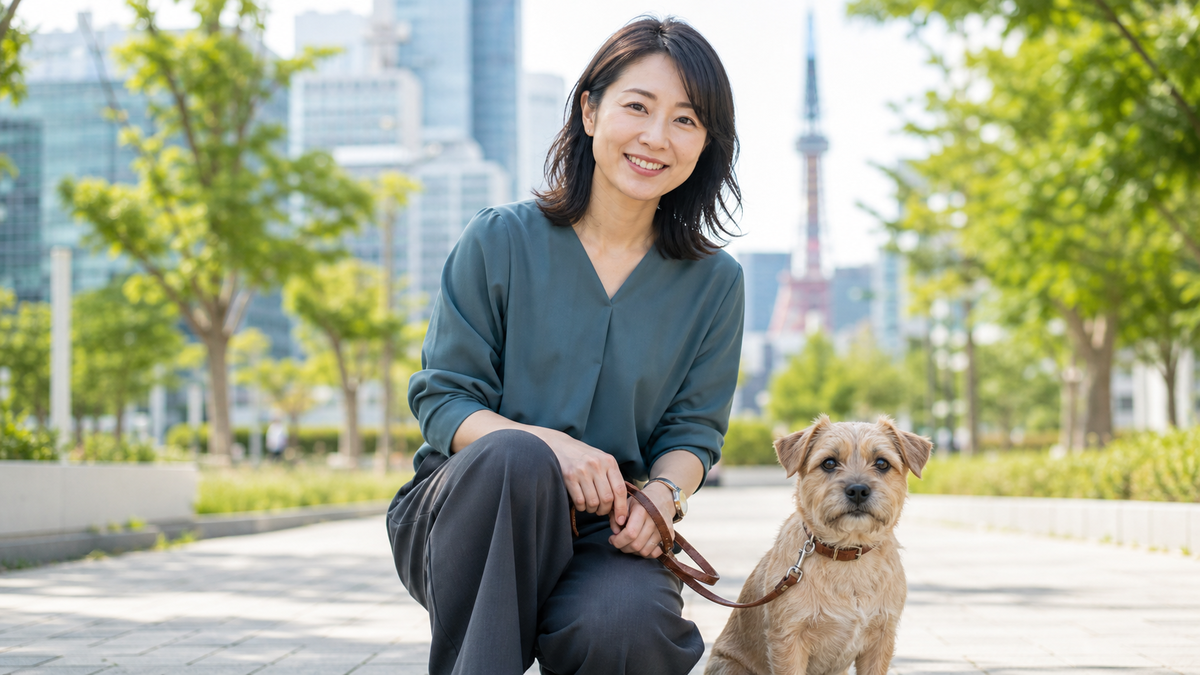 マッチングアプリ写真用に都市公園で愛犬と自然に並ぶ女性
