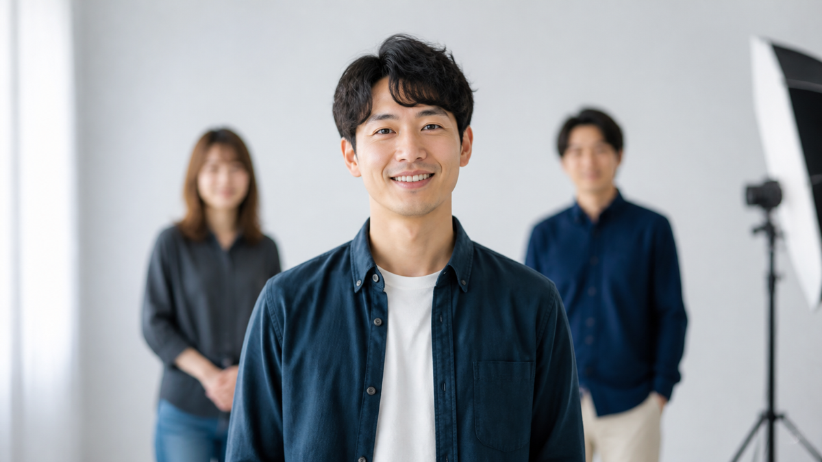 マッチングアプリ用の集合写真で中央の本人を主役にした構図