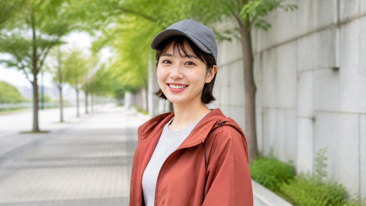 マッチングアプリ用に顔が見えるキャップ姿で撮影した女性