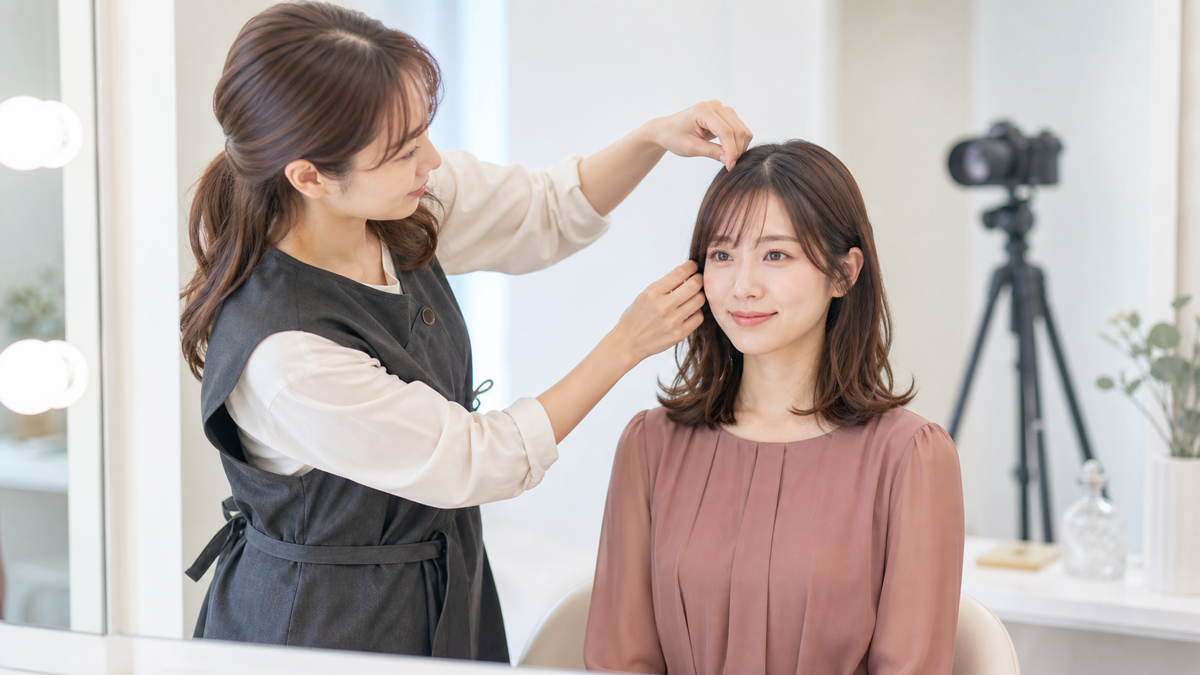 婚活写真の撮影前に女性の前髪と顔まわりを整えるヘアメイク担当者