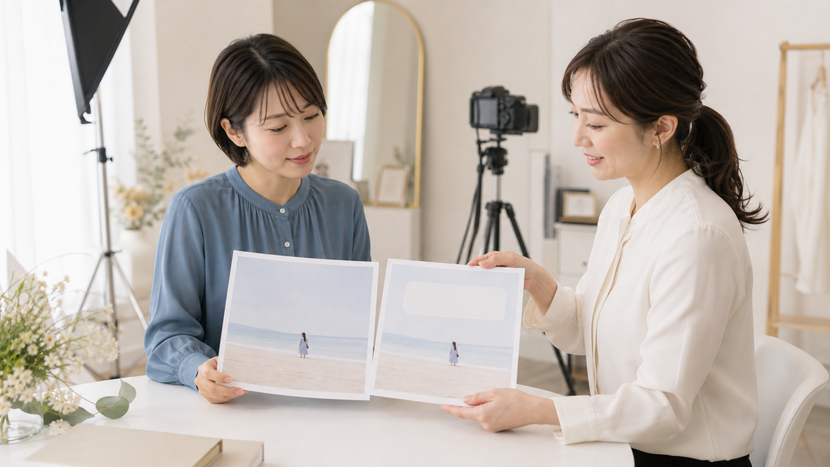 写メ日記用の文字なし写真と文字入れ用写真を比較する女性とスタッフ
