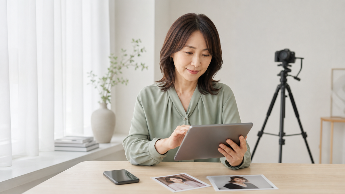写メ日記写真の共有アルバムをタブレットで確認する成人女性