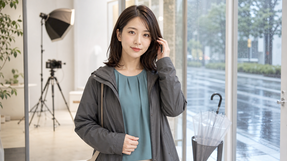 雨の日にマッチングアプリ写真を撮るため明るいスタジオで準備する成人女性