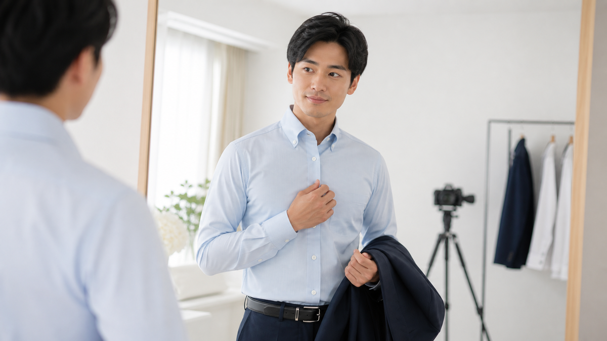 婚活写真の撮影前にシャツ姿でジャケットを持ち鏡を確認する成人男性