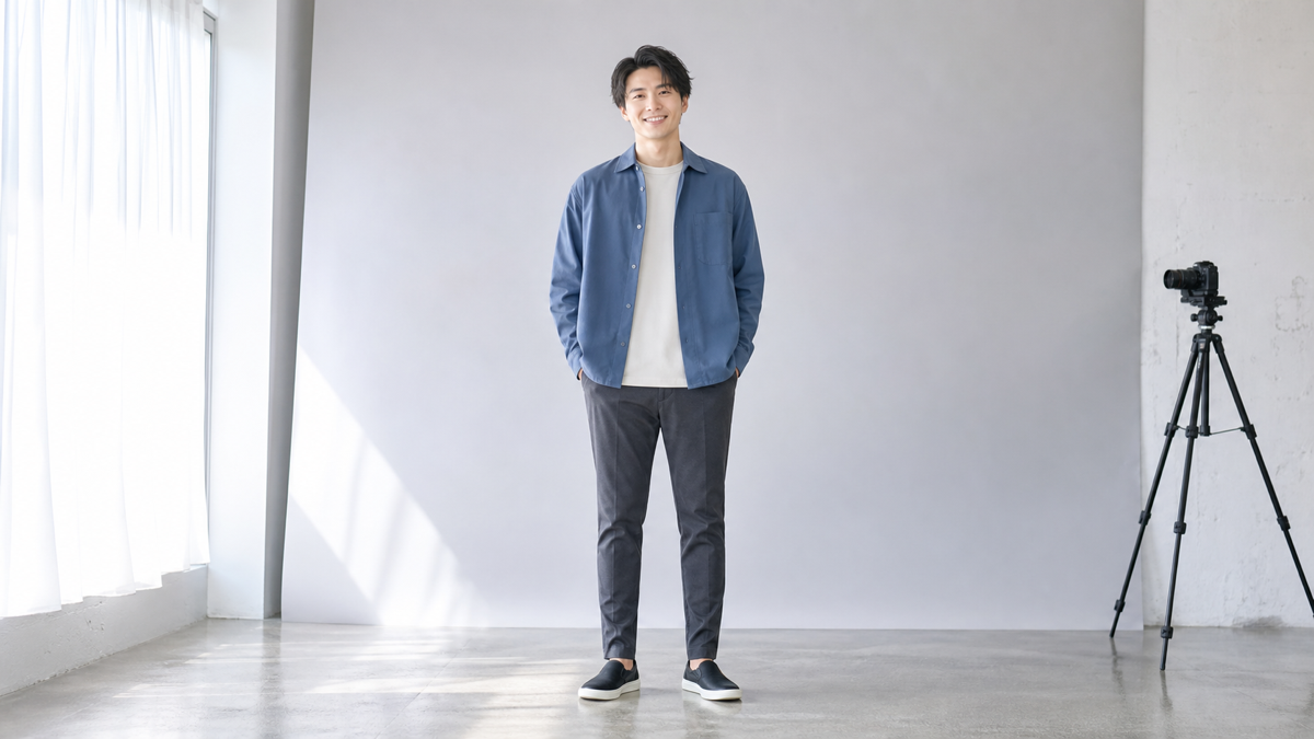 明るい撮影スタジオでマッチングアプリ用の全身写真を撮る成人男性