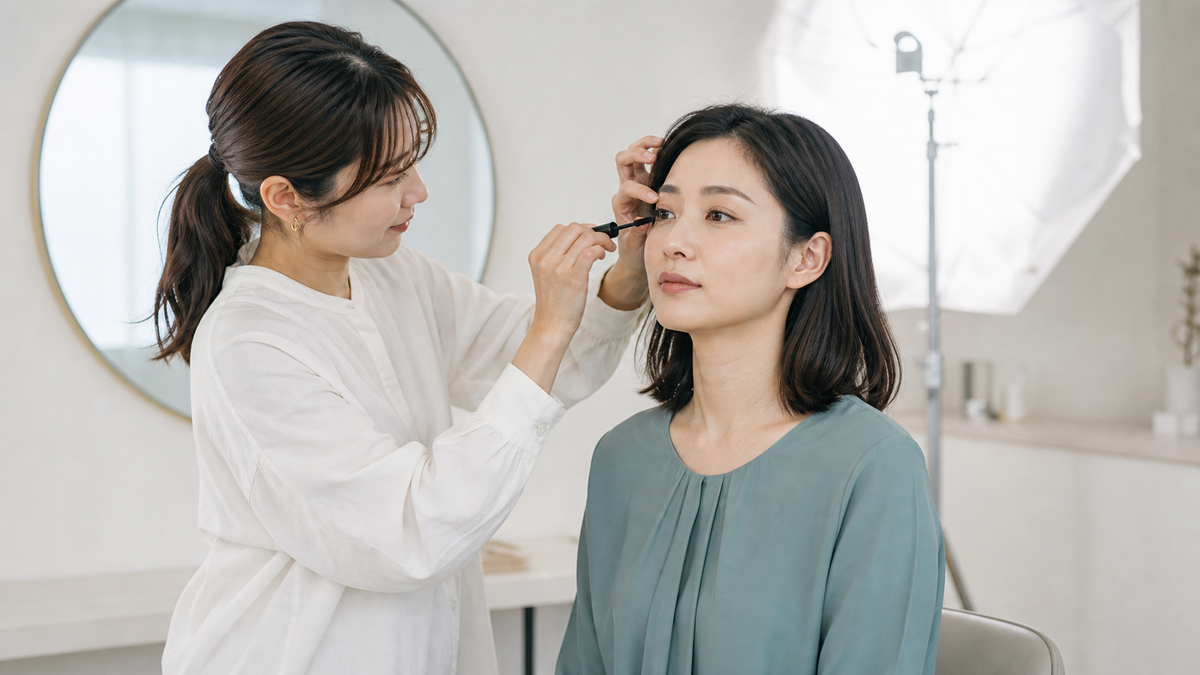 パネル写真の撮影前にマスカラを整える大阪のヘアメイクスタジオ
