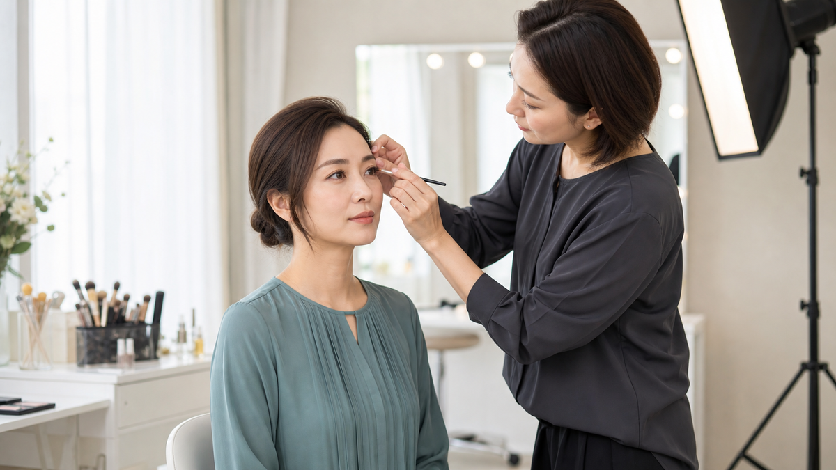 パネル写真の撮影前にアイラインを整える大阪のヘアメイクスタジオ