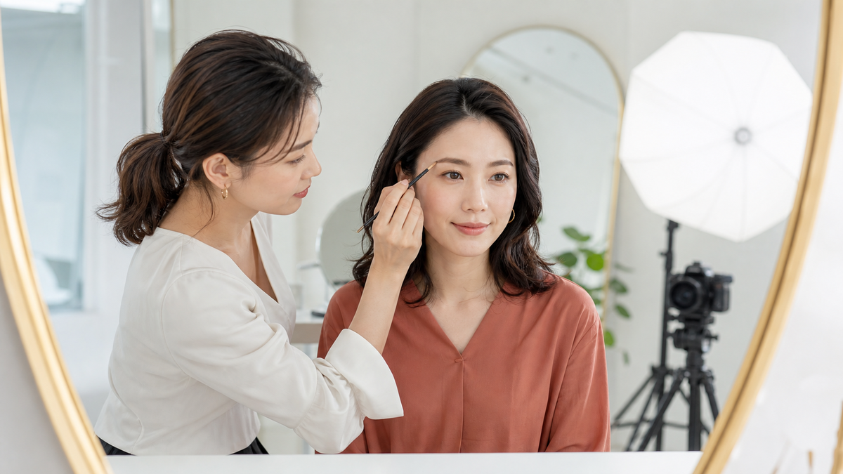 明るいスタジオでパネル写真用の眉メイクを整える成人女性