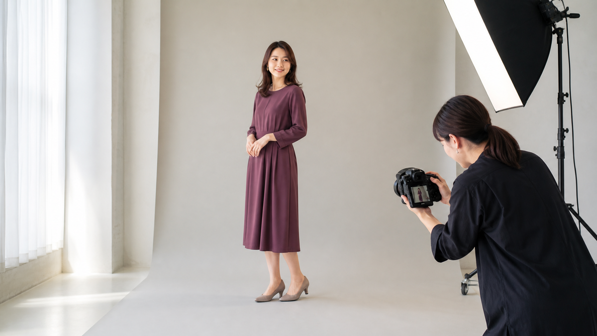 パネル写真の全身撮影で靴と床の余白をカメラで確認する成人女性とフォトグラファー
