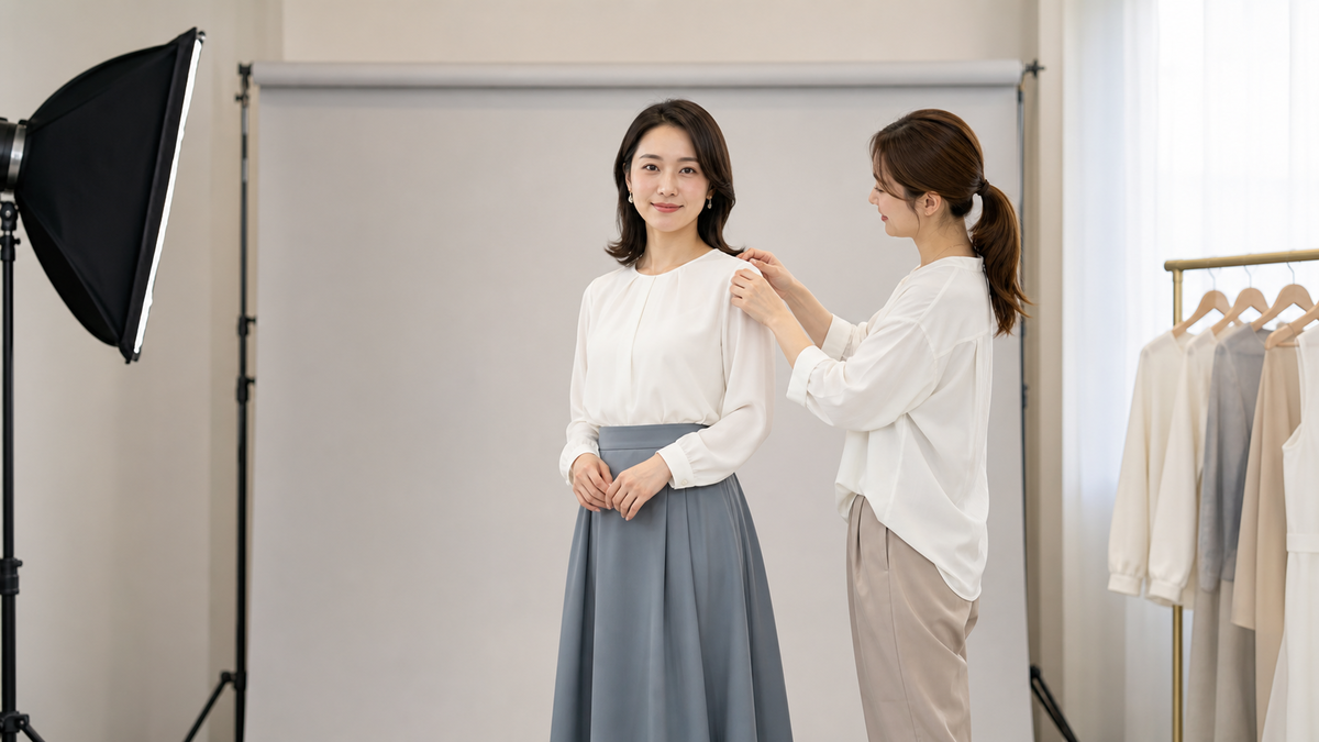 白い衣装でパネル写真を撮影する女性と衣装を整えるスタイリスト