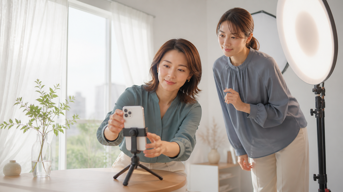 写メ日記用写真の自然光と室内照明をスタジオで確認する女性