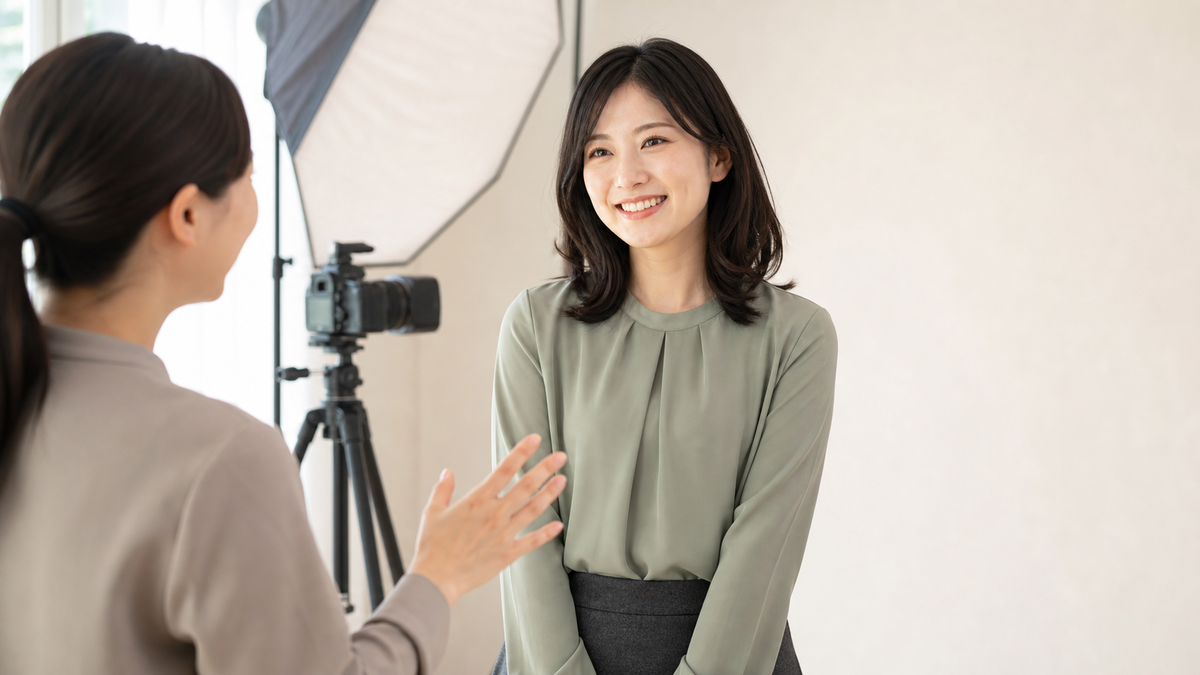 婚活写真で歯を見せる笑顔をスタジオスタッフと練習する女性
