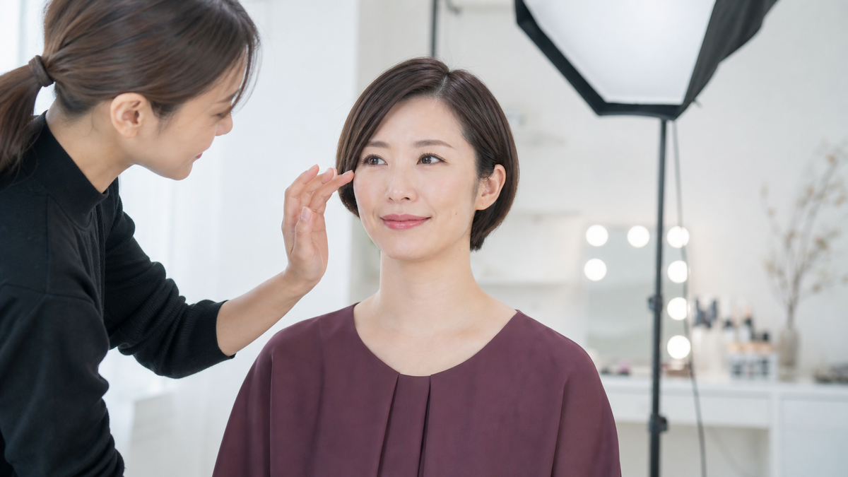 パネル写真撮影前につけまつげの見え方を確認する女性とヘアメイク担当者