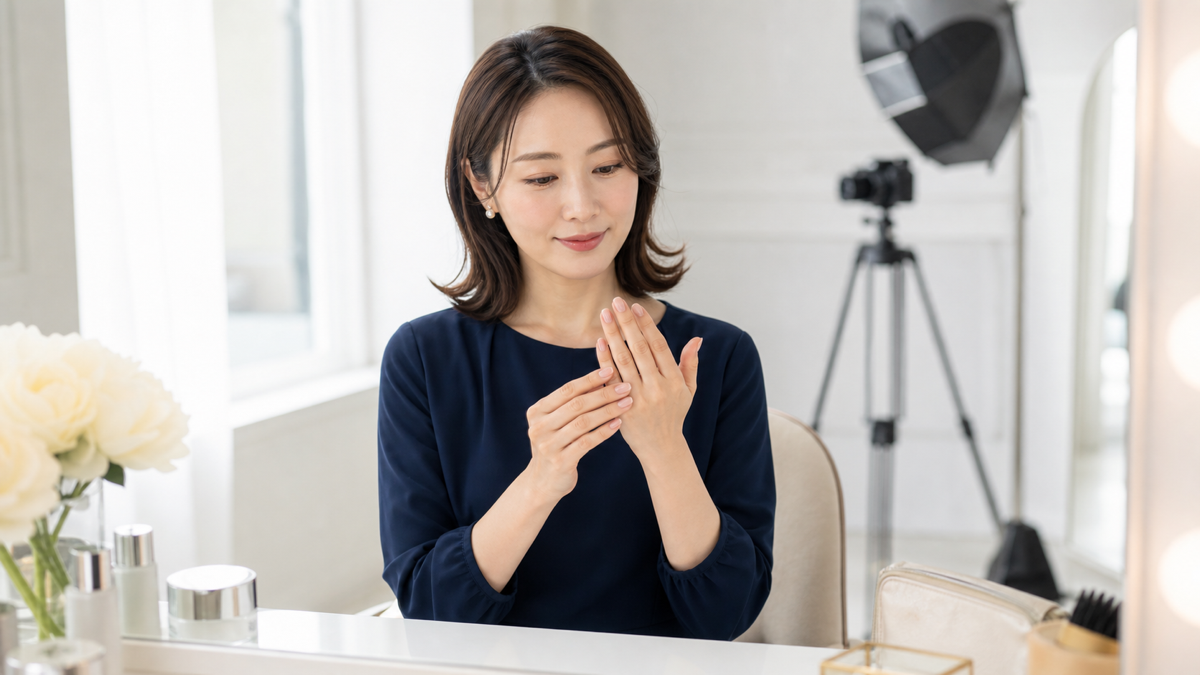 大阪の撮影スタジオでパネル写真前に自然なネイルと手元を確認する成人女性