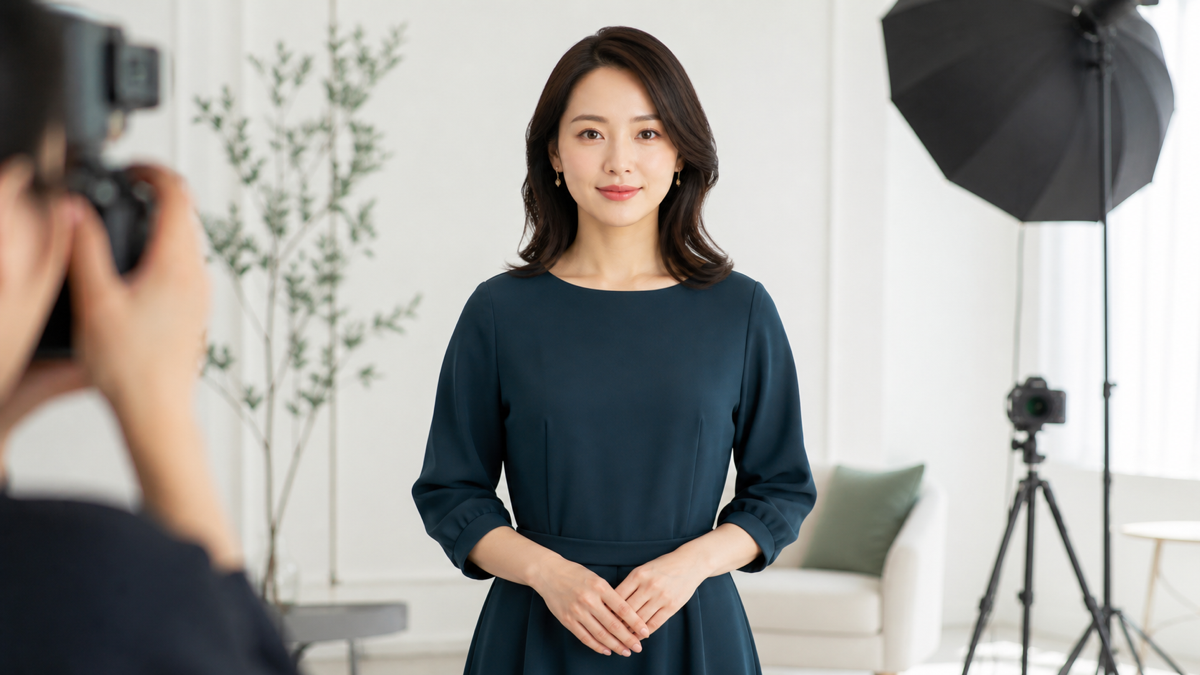 大阪の撮影スタジオでパネル写真用の落ち着いた表情を作る成人女性