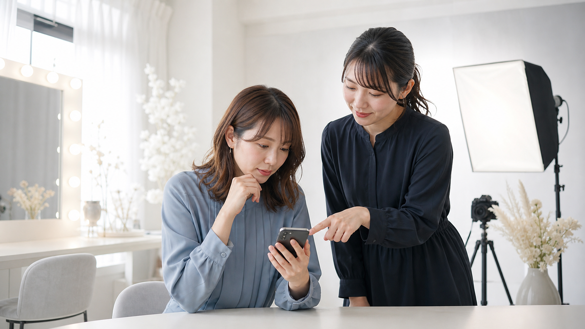 写メ日記でNGな写真の原因と改善点を確認する女性と大阪の撮影スタッフ