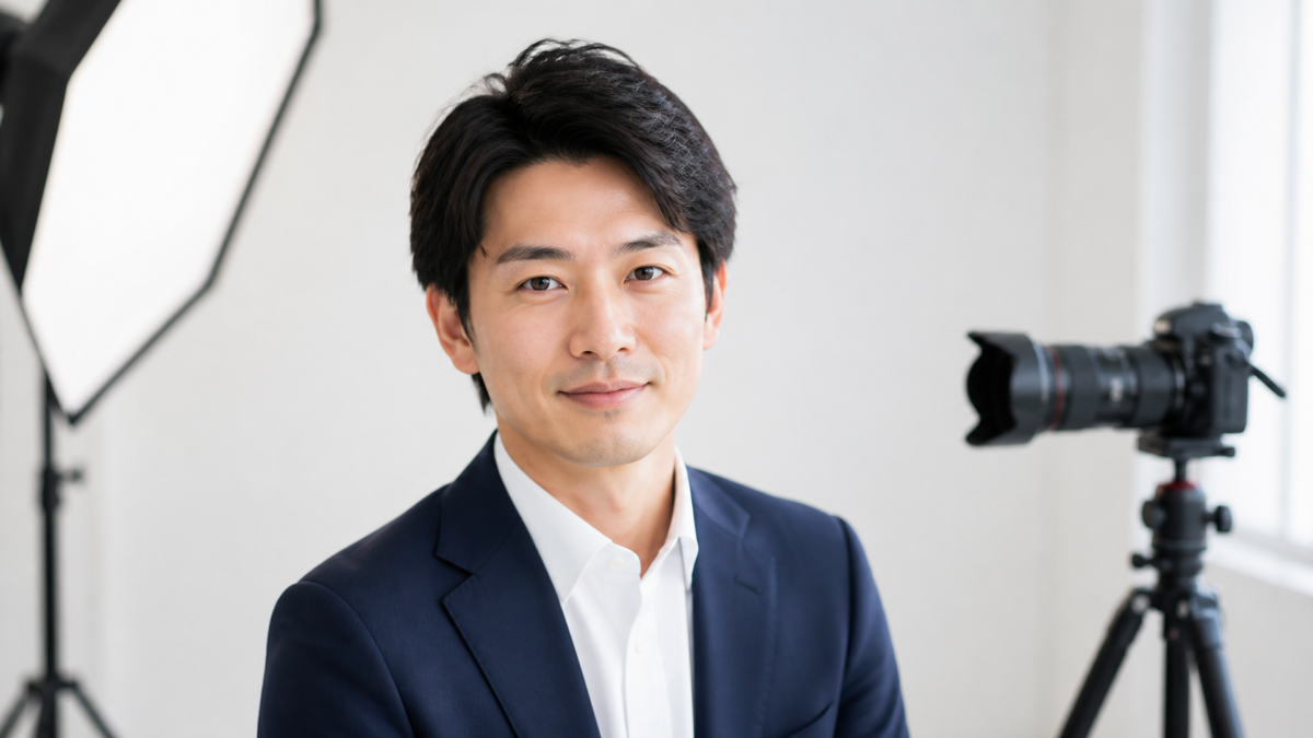 大阪の撮影スタジオでビジネスプロフィール写真を撮る男性