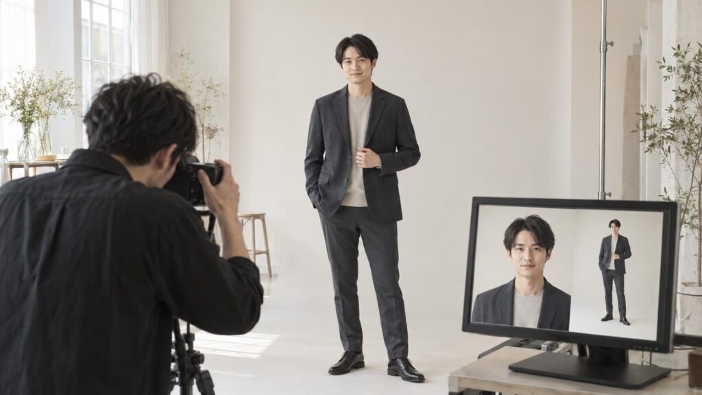 宣材写真のバストアップと全身構図を撮影前に確認する男性