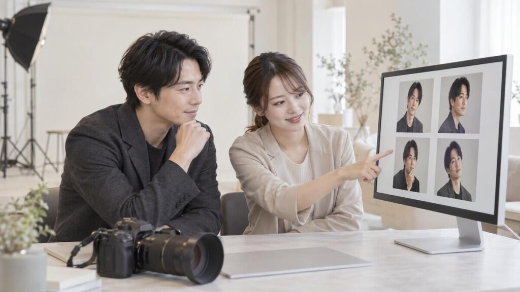 宣材写真の候補をスタッフと比較して統一感を確認する様子
