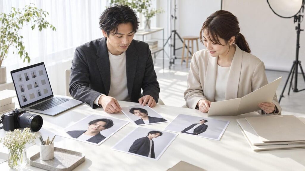 事務所へ提出する宣材写真データをパソコンで整理する様子