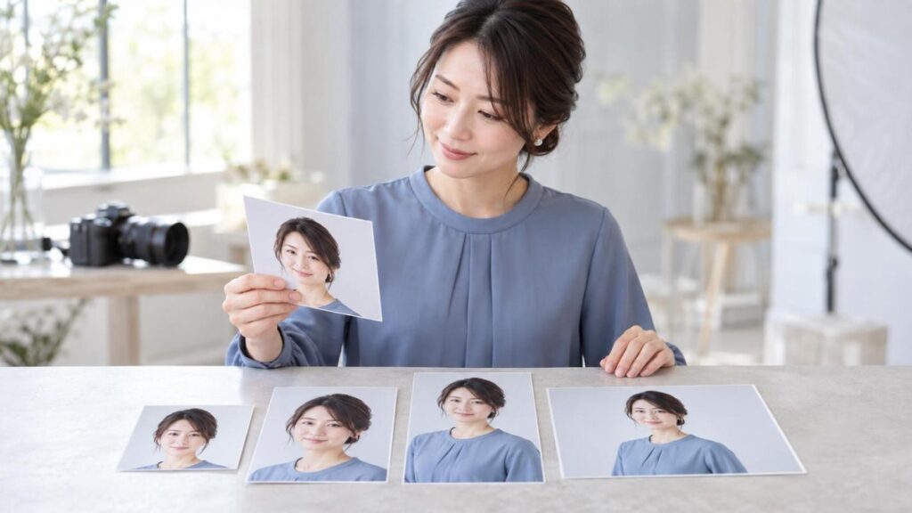 ホームページや名刺に使うプロフィール写真の切り出しを比較する女性