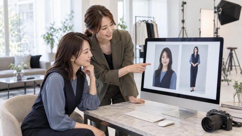 婚活写真の上半身と全身の候補をモニターで比較する成人女性と撮影スタッフ