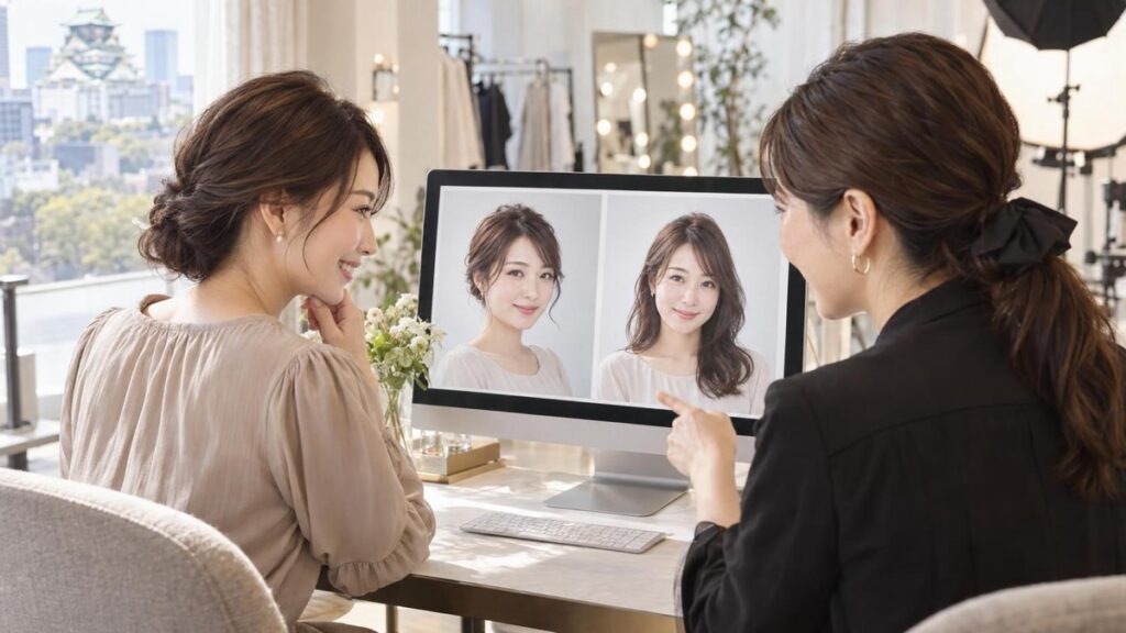 お見合い写真のアップとダウンの候補をモニターで比較する女性と撮影スタッフ