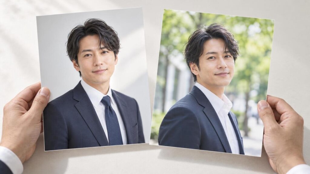 同じ人物の屋内と屋外のプロフィール写真を机上で比較する様子