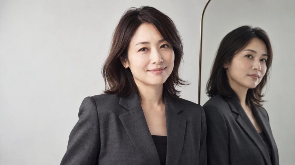 鏡を使い笑顔と穏やかな真顔の表情差を確認する日本人女性