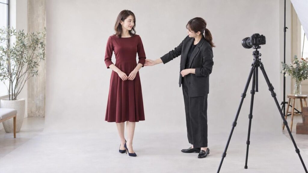 婚活写真の全身撮影で衣装と姿勢と足元を整える成人女性