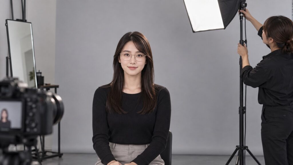 オーディション写真の撮影前に眼鏡のレンズ反射と両目の見え方を確認する日本人女性