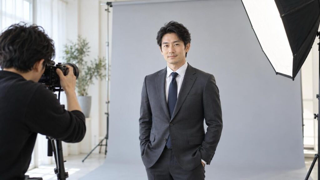 大阪の明るいスタジオでビジネスプロフィール写真を撮影する男性