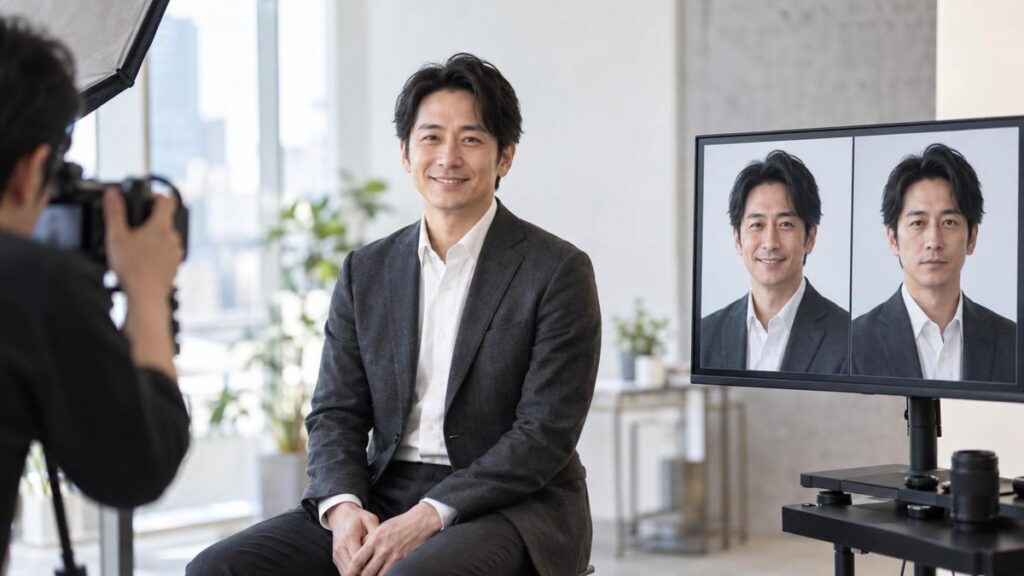 ビジネス用途に合わせて笑顔と落ち着いた表情を撮影する日本人男性