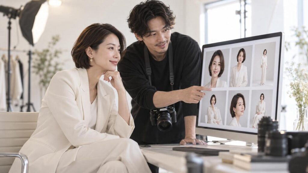 ホームページやSNS向けのプロフィール写真候補をモニターで確認する女性経営者