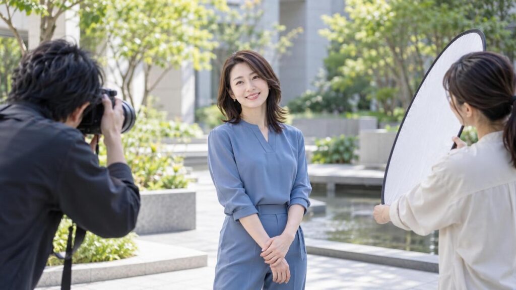 大阪の緑がある屋外で自然なプロフィール写真を撮影する女性