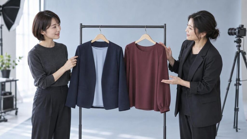 宣材写真の汎用衣装と役柄用衣装を撮影前に比較する成人女性とフォトグラファー