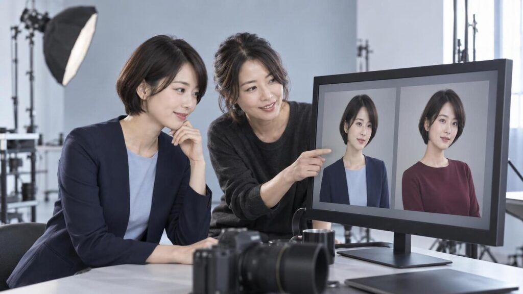 宣材写真の衣装2着の候補をモニターでペア選定する成人女性とフォトグラファー