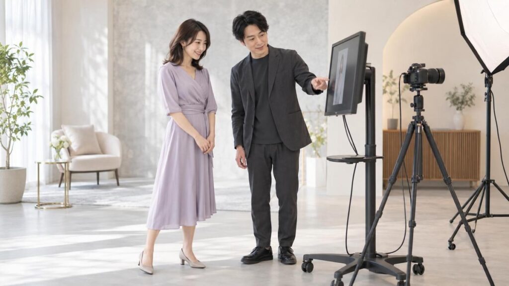 婚活写真のテストカットをモニターで確認する成人女性と撮影スタッフ